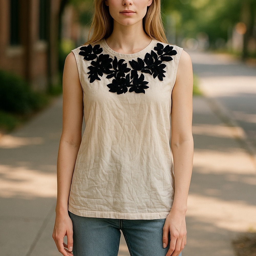 Stella McCartney Cream Tank Top with Black Floral Design size 6
